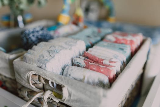 Close-up of neatly arranged colorful baby diapers in a woven basket, ideal for nursery organization.